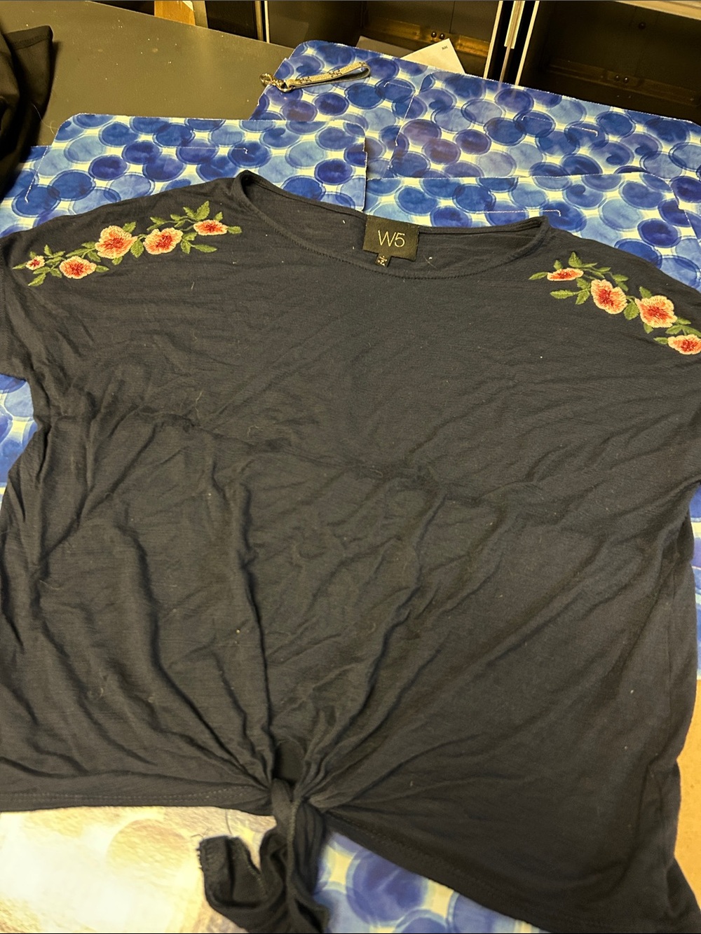 W5 Navy Tie-Front Top with Red & Green Floral Embroidery